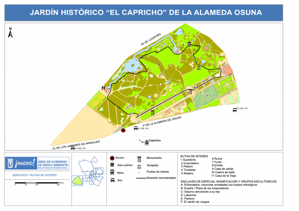 Mapa del jardín histórico del Parque El Capricho